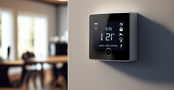 a smart meter on a wall with a dining room in the background 