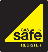 Gas Safe logo- a yellow right angle triangle with gas safe written within